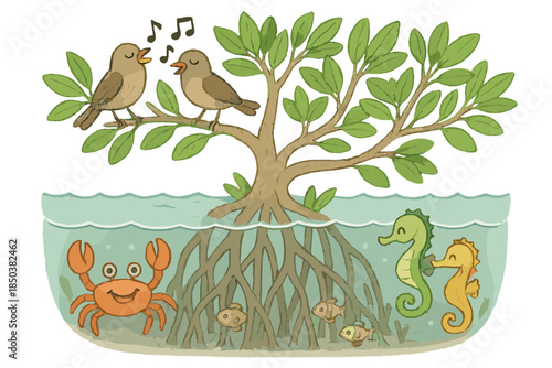 Mangrove Life Harmony. Mangrove forest with smiling crabs, baby fish hiding in roots, playful seahorses, and singing birds above