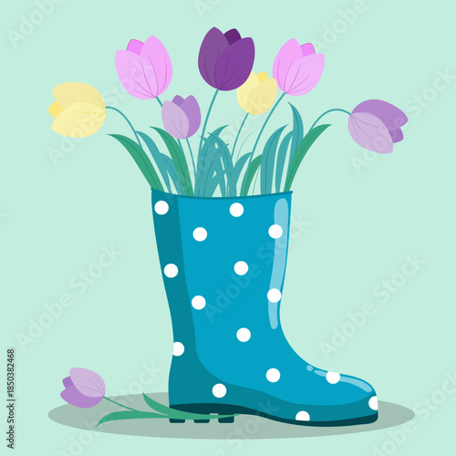 Polka dot rubber boot with tulips