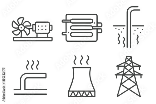 Geothermal Power Icons. Line style icons of Geothermal Power Plants: turbine generator, heat exchanger, geothermal well, steam