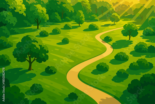 Sunlit Green Park. Aerial shot of a lush green park illuminated by golden sunlight, vibrant tones and sharp textures, perfect for