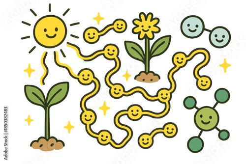 Cheerful Photosynthesis Doodle. Playful doodle photosynthetic energy map with cheerful plants, cartoon electrons traveling along