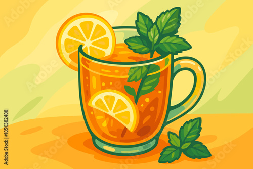 Refreshing Herbal Tea. Vibrant herbal tea in a glass mug garnished with mint and lemon slices, warm vector illustration and