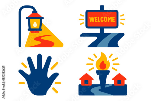 Illuminated Guidance Icons. Flat vector icons of illuminated guidance: lantern casting warm light over pathway, glowing welcome