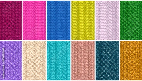 Grid of knit textures showcasing a diverse array of vibrant, colorful patterns