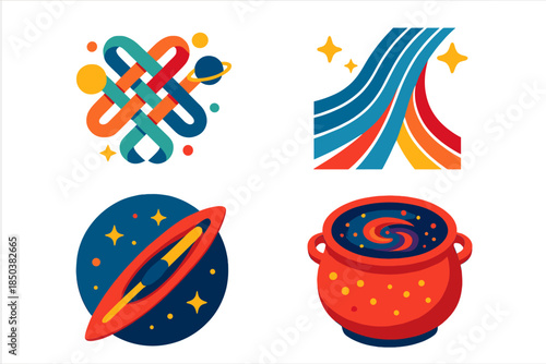 Cosmic Weaving Icons. Flat vector icons of cosmic weaving: planetary orbits intertwined as woven fabric patterns, star trails