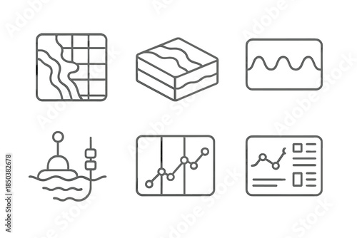 Coastal Data Icons. Line style icons of coastal data visualization: map overlay, 3D terrain model, wave energy plot, sensor data