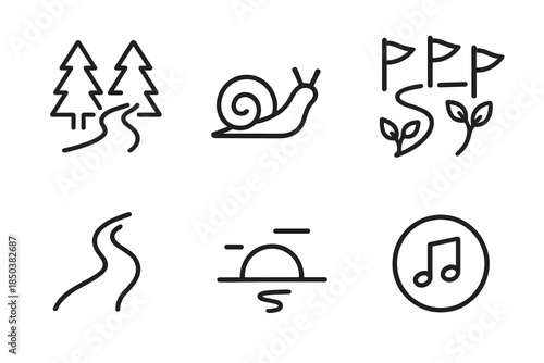 Nature's Journey Icons. Line style icons of natural journey progress: forest trail, small snail silhouette, leaf checkpoints,