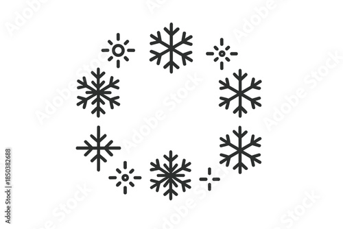 Seasonal Symbol Unity. Line style icons of calm seasonal unity: circle of snowflakes, equal spacing design, balanced formation,