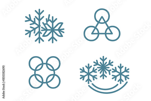 Winter Teamwork Icons. Line style icons of silent winter teamwork: overlapping snowflakes, joined circles of frost, subtle