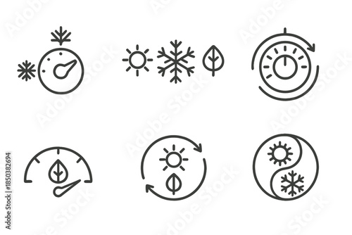Seasonal Control Icons. Line style icons of season-manipulation tools: rotary dial of seasons, sun-snow-leaf icons, adjustable