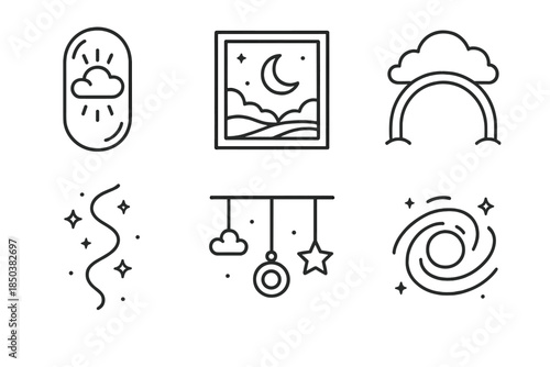 Dream Preservation Icons. Line style icons of dream preservation systems: glowing memory capsule, surreal landscape frame,