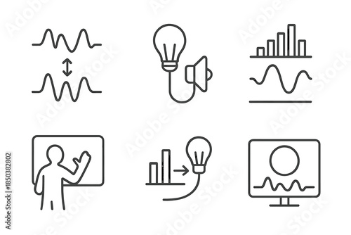 Audiovisual Integration Icons. Line style icons of audiovisual integration tools: synchronized waveform, light-sound link, rhythm