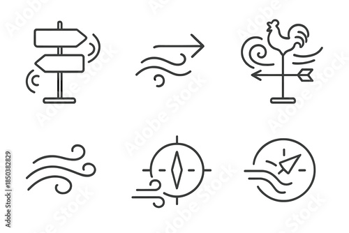 Stylish Wind Direction Icons. Line style icons of wind gently turning direction signs: rotating signpost, soft arrow breeze,