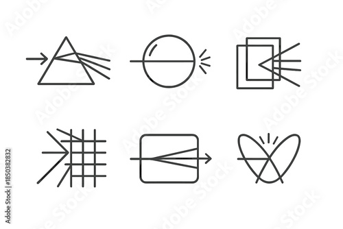 Light Refraction Icons. Line style icons of light passing through unified elements: refracted beam prism, radiant path through