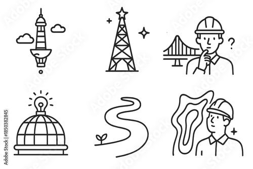 Wonder Structure Icons. Line style icons of wonder structure engineers: floating curiosity tower, imaginative lattice, transparent