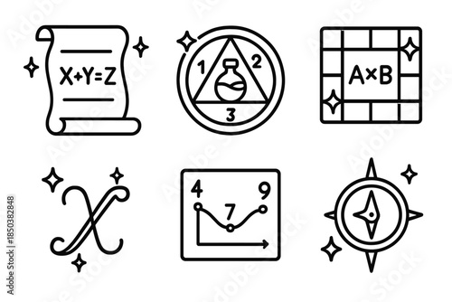 Fantasy Formula Icons. Line style icons of fantasy formula solvers: glowing equation scroll, alchemical math circle, magical
