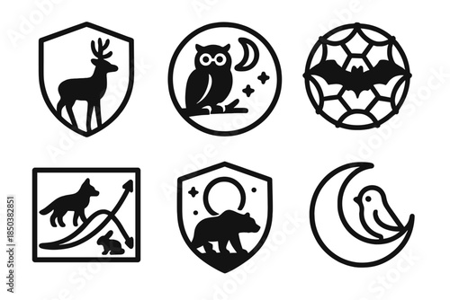 Wildlife Protector Icons. Line style icons of shadow wildlife protectors: silhouette animal badge, nocturnal guardian emblem, dark