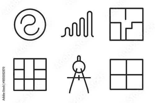 Zen-Inspired Design Icons. Line style icons of mindful structure planners: zen-inspired diagram, calm rhythm chart, spatial flow
