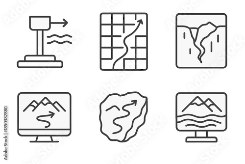 Glacial Movement Icons. Line style icons of glacial movement trackers: ice flow sensor, glacier trajectory grid, crevasse mapping