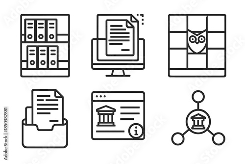 Historical Knowledge Icons. Line style icons of historical knowledge management: layered archive shelves, document scanning