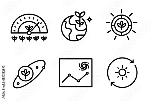 Interstellar Harvest Icons. Line style icons of interstellar harvest indicators: cosmic yield gauge, planetary crop tracker,