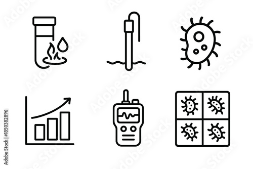Acid Lake Icons. Line style icons of acid lake organism studiers: corrosive water sample vial, pH sensor probe, acid-resistant