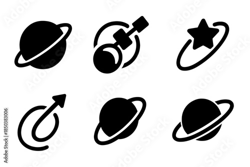 Planetary Orbit Icons. Solid style icons of planetary orbit weaving patterns: planet, orbit line, satellite, star, trajectory