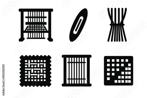 Historical Weaving Icons. Solid style icons of historical weaving reconstruction: loom, shuttle, warp threads, fabric swatch,