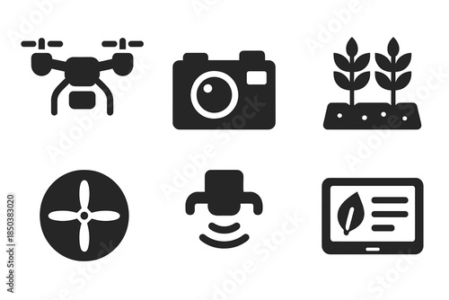Crop Drone Icons. Solid style icons of crop health drones: drone, camera, crop field, propeller, sensor, data tablet No text, No