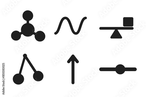 Physics Simulation Icons. Solid style icons of physics simulation activators: particle icon, wave diagram, lever, pendulum, force
