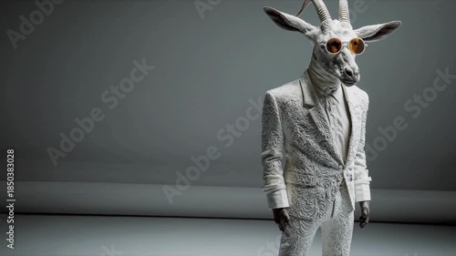 Goat wearing tailored suit surreal fashion concept