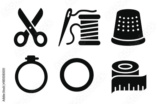 Artisan Craft Tools. Solid style icons of artisan craft tools: scissors, needle, thread spool, thimble, embroidery hoop, measuring