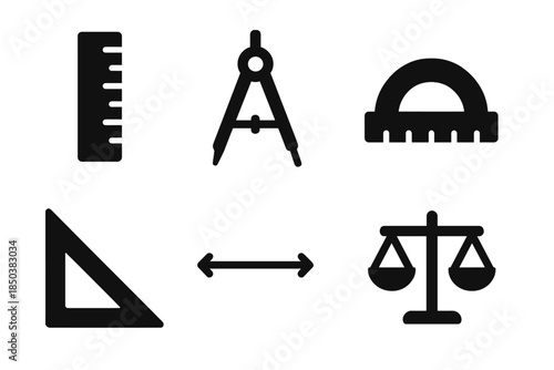Mathematical Tools Icons. Solid style icons of mathematical proportion tools: ruler, compass, protractor, scale, triangle,