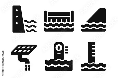 Sea Level Adaptation Icons. Solid style icons of sea level adaptation tools: seawall, flood barrier, levee, drainage system, water