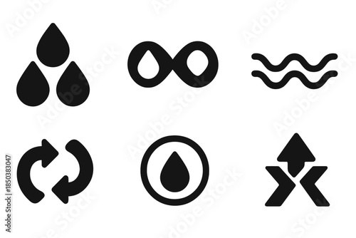 Liquid Unity Icons. Solid style icons of liquid unity indicators: interconnected droplets, fusion icon, seamless wave, circular