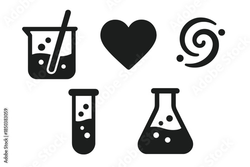 Emotional Chemistry Icons. Solid style icons of emotional compound mixing apparatus: beaker, stirring rod, heart symbol, liquid