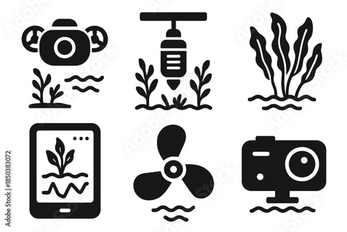 Underwater Crop Icons. Solid style icons of underwater crop monitoring systems: underwater drone, sensor array, plant cluster,