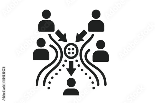 Streamlined Human Convergence. Solid style icons of people gathering like converging streams: human silhouettes, converging arrows