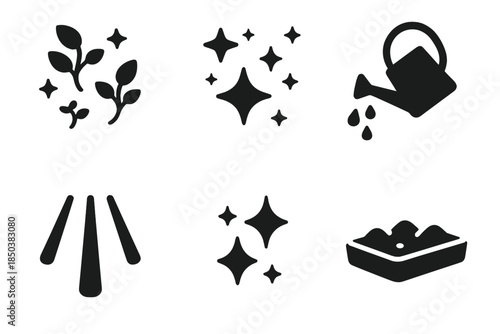 Nebula Garden Icons. Solid style icons of nebula garden tenders: floating plants, star cluster, watering tool, light rays,