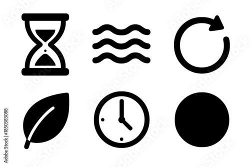 Peaceful Timing Icons. Solid style icons of peaceful timing tools: hourglass, calm waves, circular arrow, leaf icon, minimal clock
