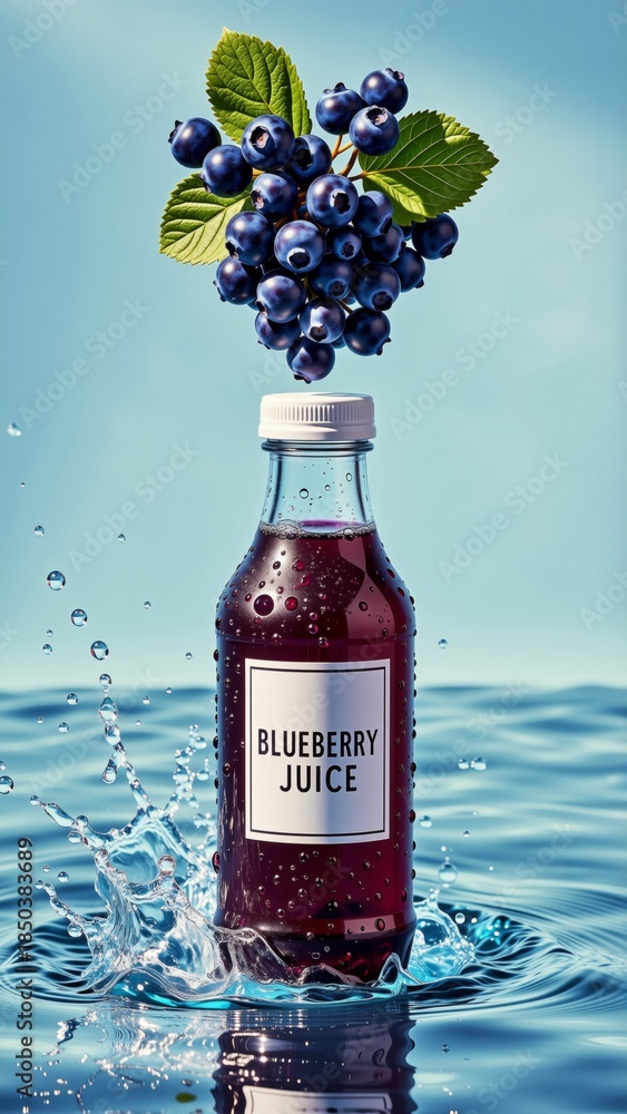 Obraz premium digital illustration bottle blueberry juice bottle center filled dark red liquid label bottle reads blueberry juice white letters above bottle bunch fresh blueberries green leaves background light