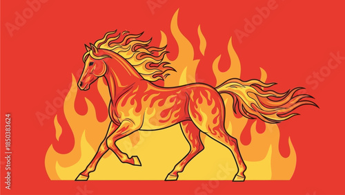 A fiery horse illustration running through flames from a side viewpoint