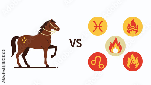 Illustration of a brown horse standing against astrological symbols