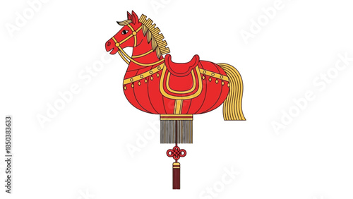 Vibrant red horse figurine illustration on a white background with intricate golden details