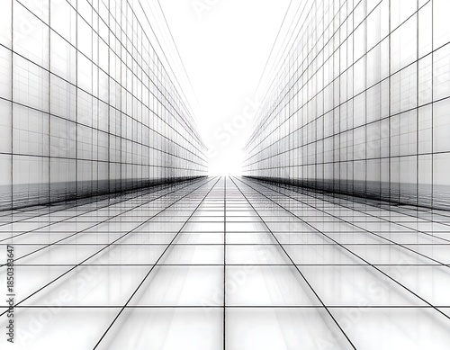 Gridded walls recede into a bright white vanishing point, creating a structured, ethereal perspective
