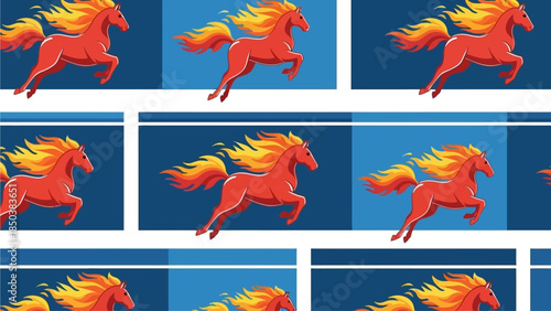 Multiple vibrant orange horses in motion against a blue background
