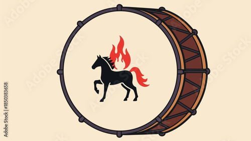 A black horse silhouette on a drumhead with flames rising from its body, shown in a circular illustration