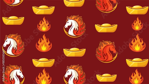 A vibrant pattern featuring illustrations of horses, flames, and gold ingots on a red background from a direct viewpoint.