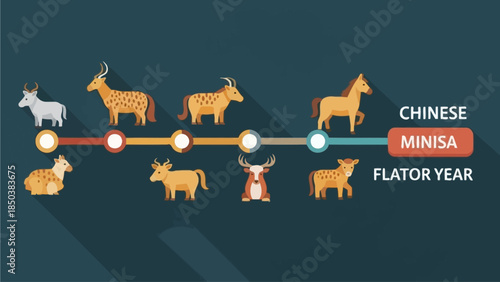 Zodiac animals of the Chinese Minisa Flator Year illustrated in a timeline