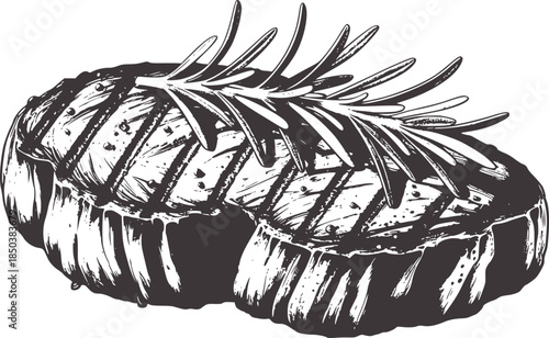 Black and white line of a grilled steak with rosemary